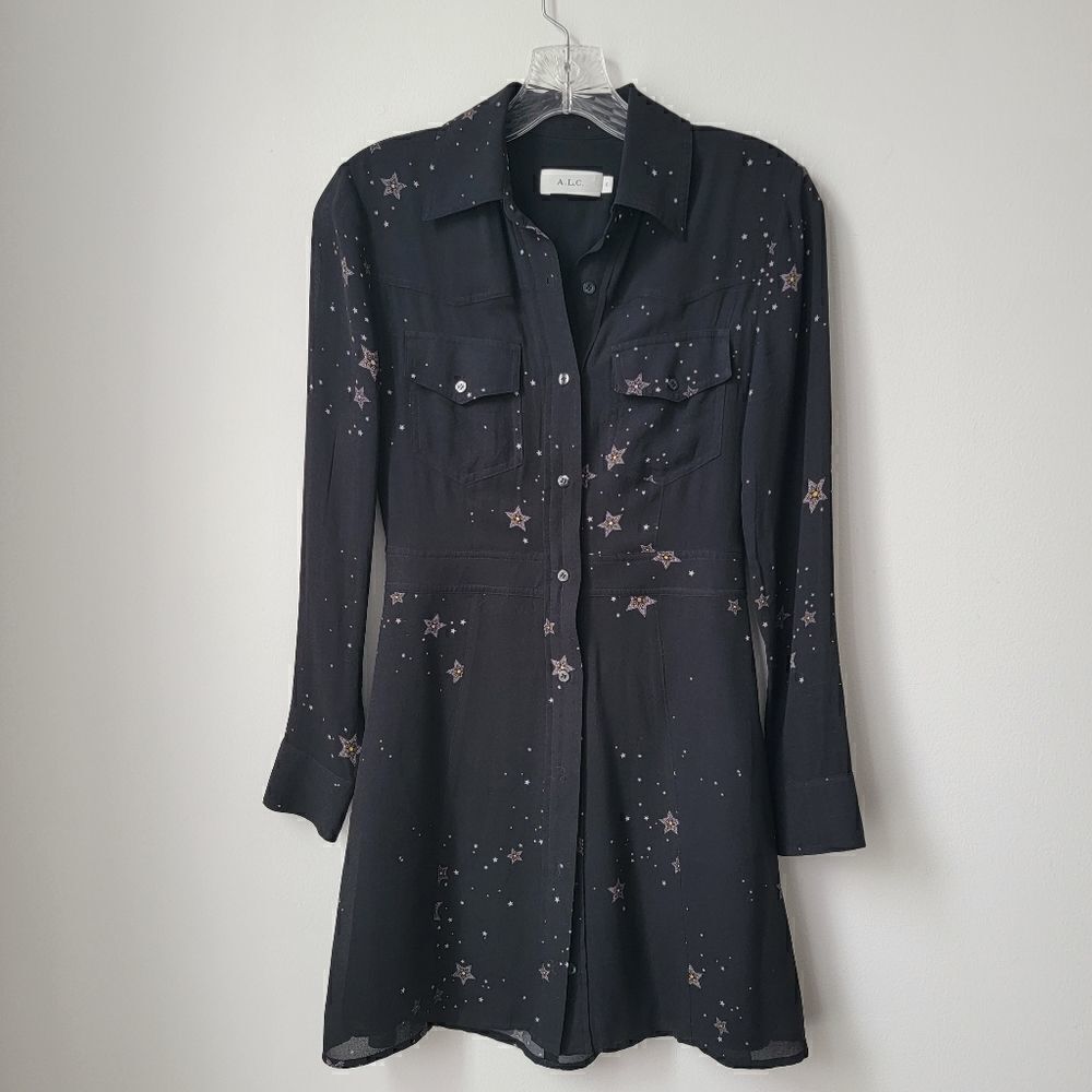 Alc Whimsigoth Black Star Celestial Elements Pedro Carmen Silk Shirt Dress Sz 0